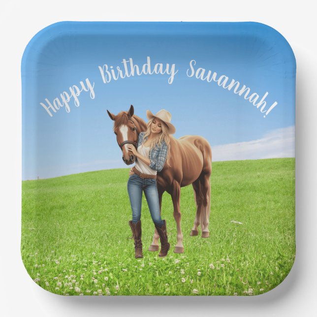 Assiettes En Carton Horse Girl Anniversaire Célébration Message spécia (Recto)