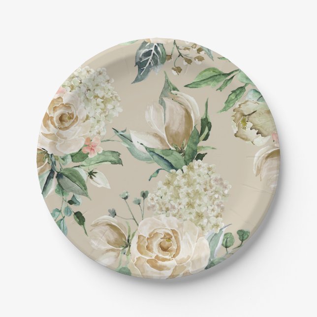 Assiettes En Carton Hortensia Rose Crème Beige Aquarelle (Devant)