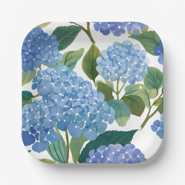 Assiettes En Carton Hortensias bleus | Beau buisson floral (Recto)