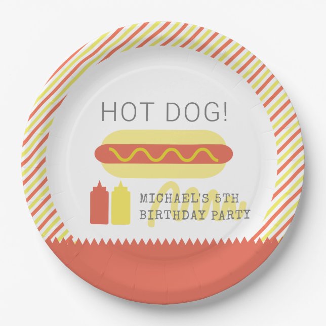 Assiettes En Carton HOT DOG! Anniversaire moderne rouge et jaune (Devant)