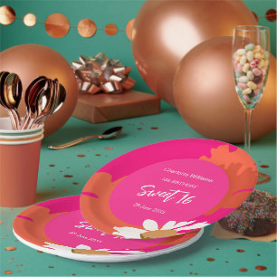 Assiettes En Carton Hot rose et orange Floral Seize Anniversaire