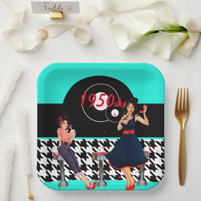 Assiettes En Carton Houndstooth à damiers 1950 plaques vintages (Mariage)