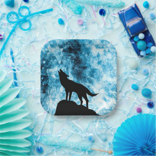 Assiettes En Carton Howling Wolf Hiver neige bleue fumée Abstraite