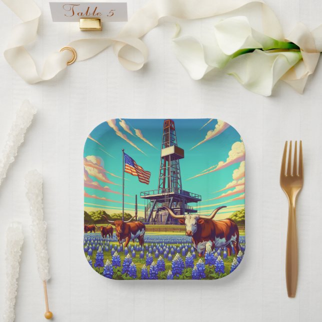 Assiettes En Carton Huile gazière Longhorn Bovins et drapeau américain (Mariage)