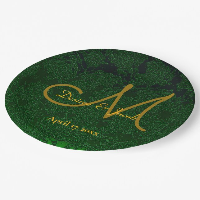 Assiettes En Carton Hunter Green Gold Mariage Réception Monogramme (Angle)