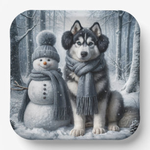 Assiettes En Carton Husky Sibérien Avec Snowman