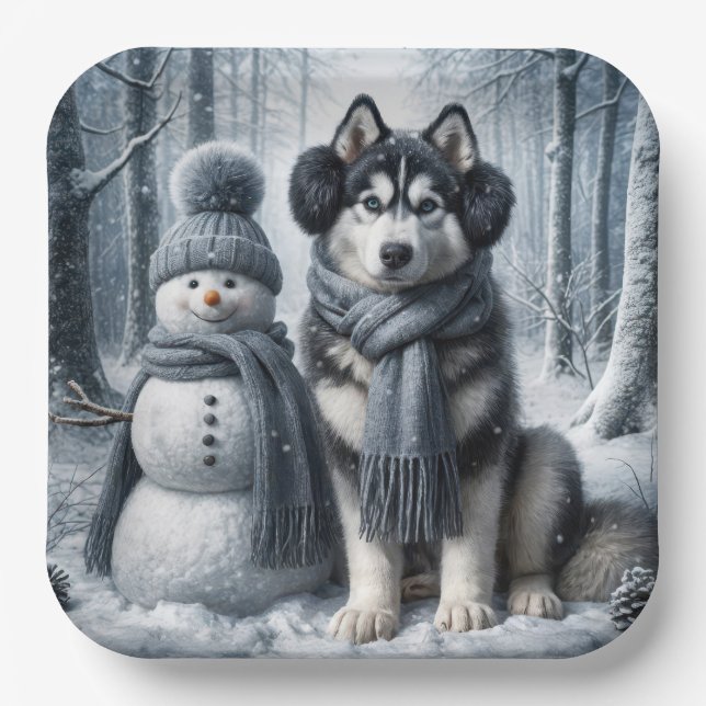 Assiettes En Carton Husky Sibérien Avec Snowman (Recto)
