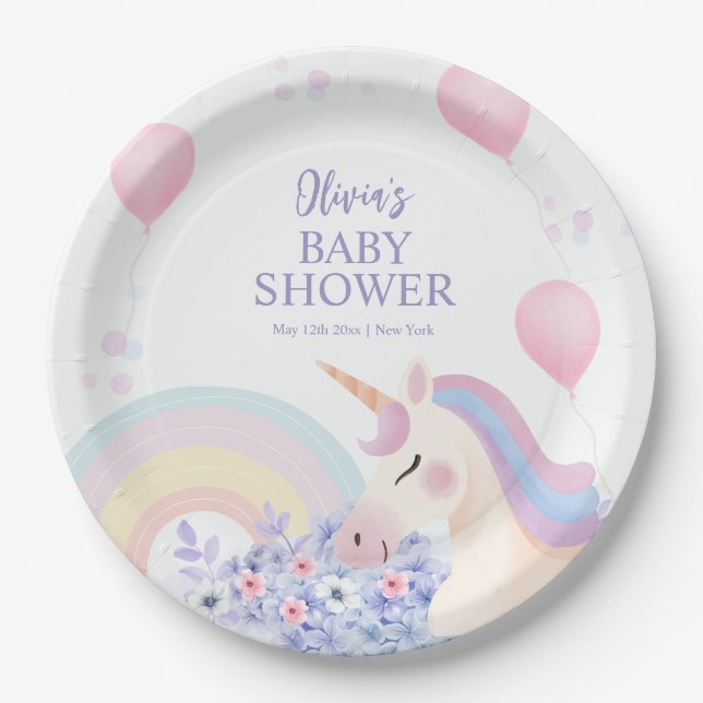 Assiettes En Carton Hydrangea Balloon Rainbow Unicorn Baby shower (Devant)