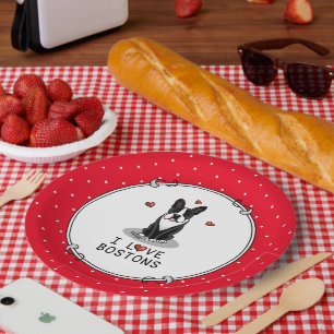 Assiettes En Carton I Love Bostons Boston Terriers (noir et blanc)