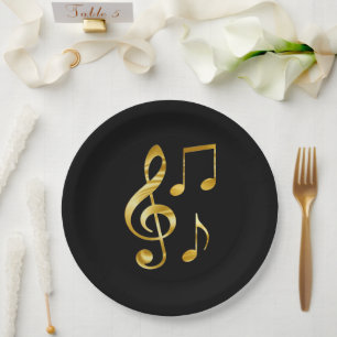 Assiettes En Carton Icônes musicales, or sur noir,