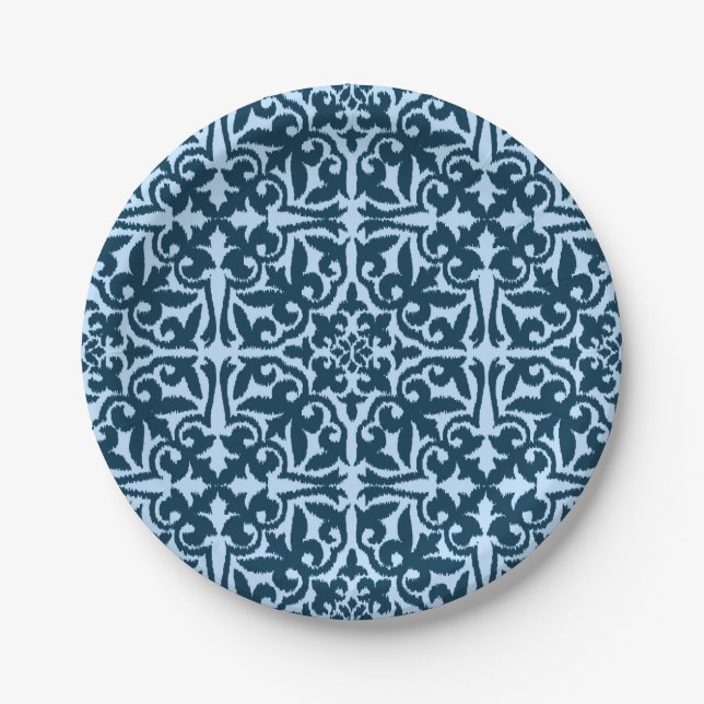 Assiettes En Carton Ikat damask pattern - Indigo foncé et bleu clair (Devant)