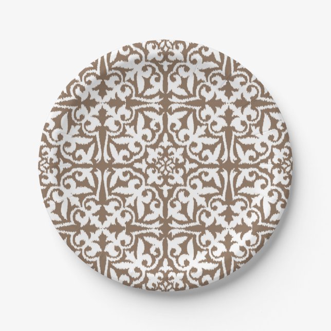 Assiettes En Carton Ikat damask pattern - Taupe Tan et Blanc (Devant)