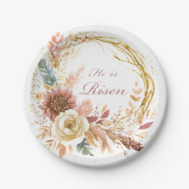 Assiettes En Carton Il est ressuscité boho fleuri wreath Pâques (Devant)