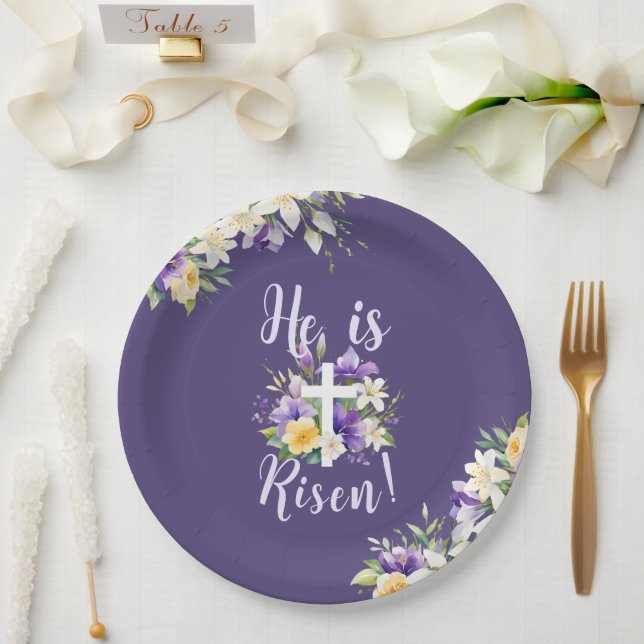 Assiettes En Carton "Il est ressuscité !" Purple Floral Religieux Pâqu (Mariage)