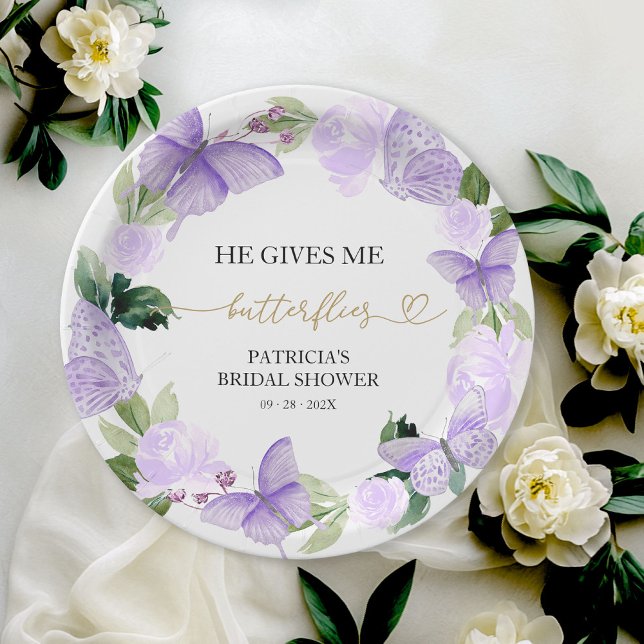Assiettes En Carton Il Me Donne Des Papillons Fête des mariées Violet (Créateur téléchargé)