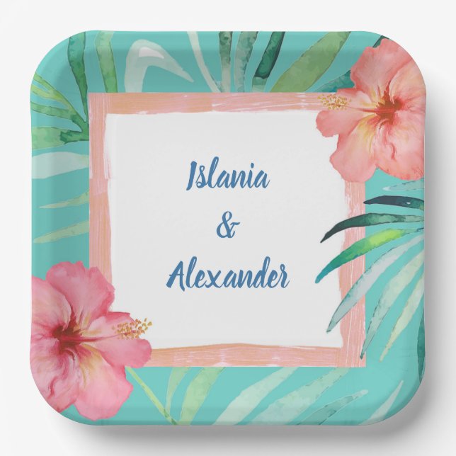 Assiettes En Carton Île tropicale Palm Hibiscus Mariage & douche (Recto)