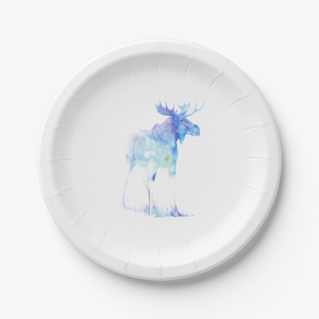 Assiettes En Carton Illustration bleue d'orignaux d'aquarelle (Devant)