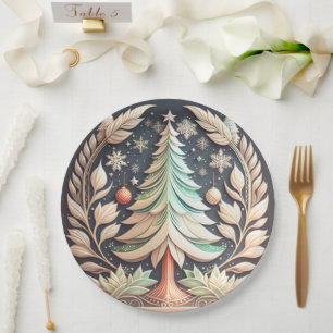 Assiettes En Carton Illustration Boho Green Christmas Tree