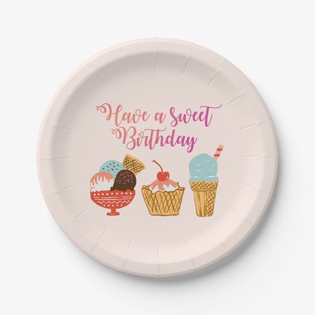 Assiettes En Carton Illustration de crème glacée d'anniversaire (Devant)
