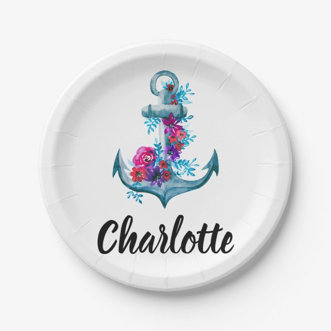 Assiettes En Carton Illustration de l'Ancre florale d'aquarelle modern (Devant)