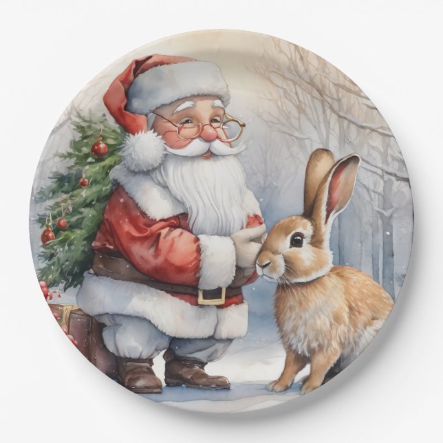 Assiettes En Carton Illustration de Noël Père Noël et Bunny Nature (Devant)