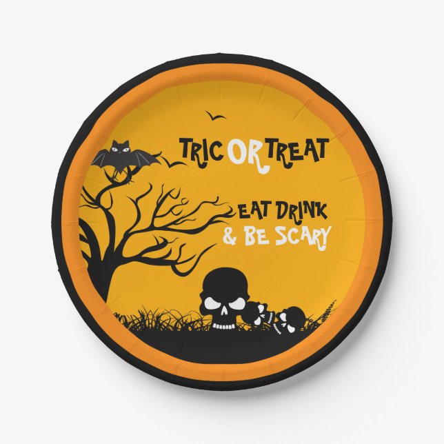 Assiettes En Carton Illustration De Trick Ou Treat Owl & Skulls (Devant)