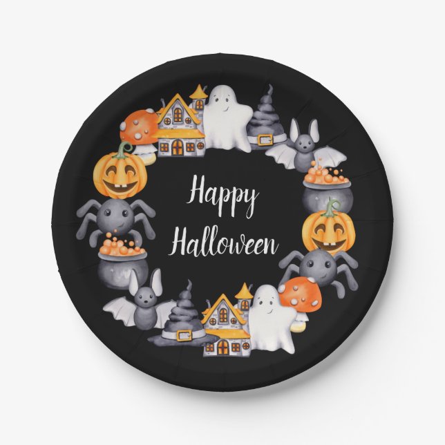 Assiettes En Carton Illustration d'Halloween noir mignon (Devant)