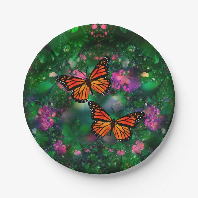 Assiettes En Carton Illustration du jardin des papillons Monarch (Devant)