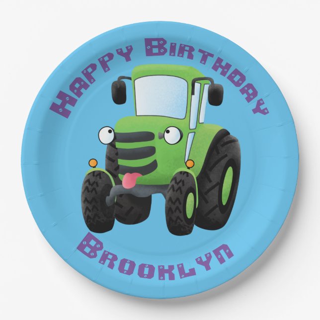 Assiettes En Carton Illustration du joli joyeux tracteur agricole vert (Devant)