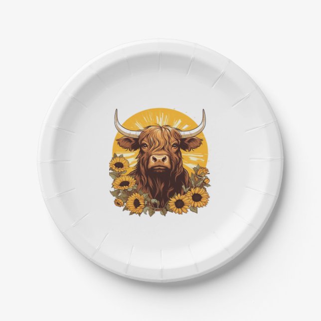Assiettes En Carton Illustration d'une vache des Highlands avec Sunflo (Devant)
