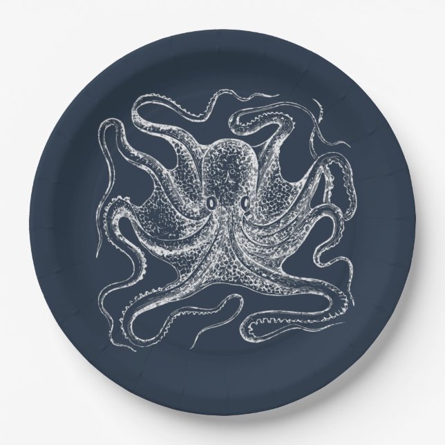 Assiettes En Carton Illustration élégante de la pieuvre bleue de la ma (Devant)
