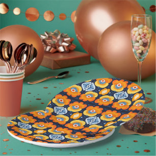 Assiettes En Carton Illustration florale rétro audacieuse en orange et