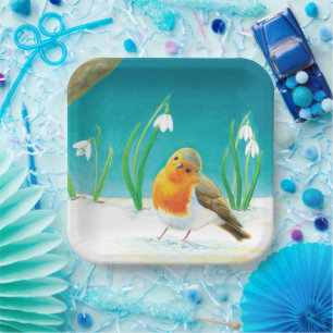 Assiettes En Carton Illustration Red Robin Bird & Snowdrops