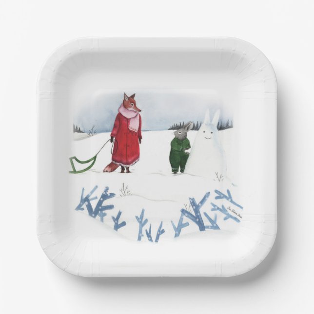 Assiettes En Carton Illustration Renard Et Lapin Vacances Neige Noël (Recto)