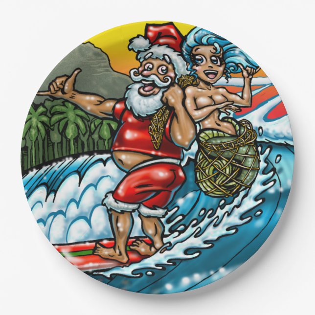 Assiettes En Carton Illustration surfante hawaïenne de Père Noël de (Devant)