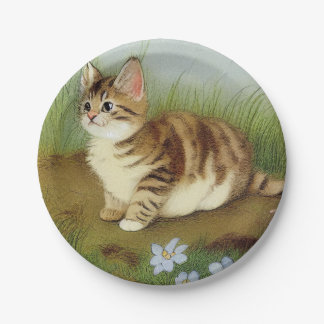 Assiettes En Carton Illustration vintage Kitten avec fleurs