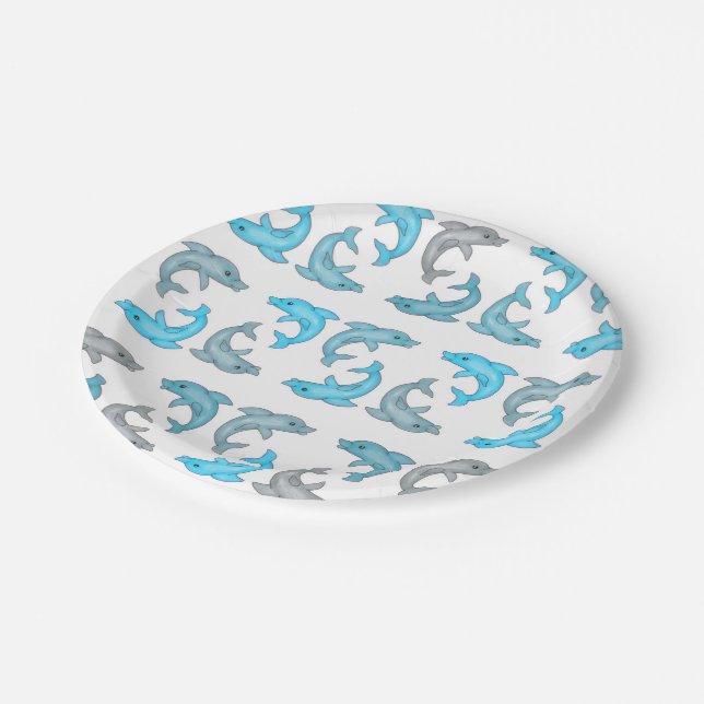 Assiettes En Carton Illustrations mignonnes de dauphins de gris bleu (Angle)