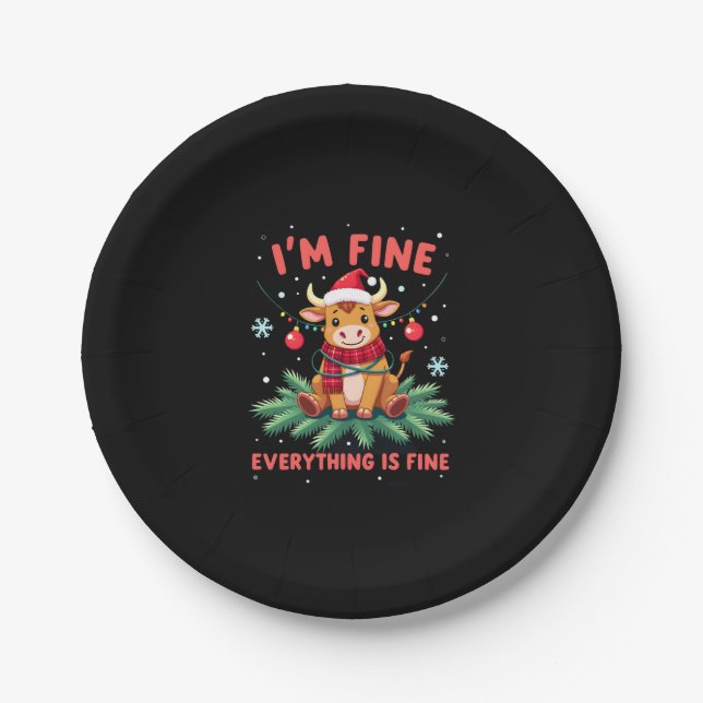Assiettes En Carton I'm Fine Everything is Fine Christmas Highland Cow (Devant)