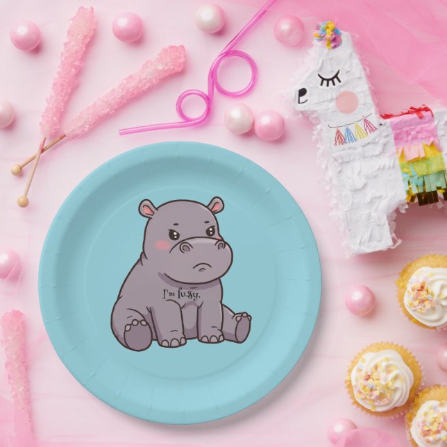 Assiettes En Carton "I'm fussy." Cute, Cartoon Hippo, Pouting (Fête)