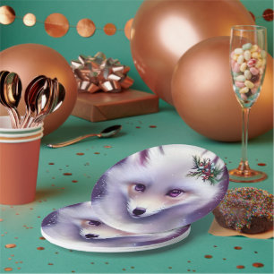 Assiettes En Carton Imaginaire Blanc Renard bébé avec yeux lavande