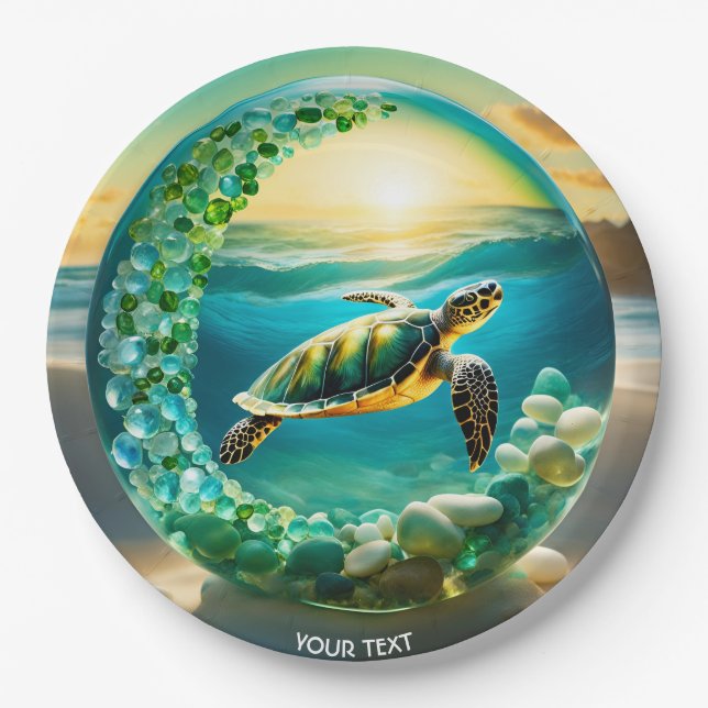 Assiettes En Carton Imaginaire Cute Vivid Turtle Vagues de Mer (Devant)