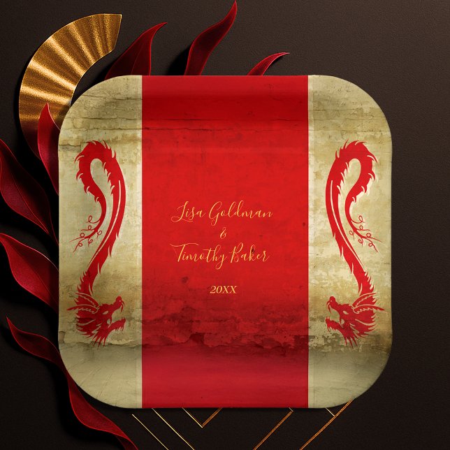 Assiettes En Carton Imaginaire Dragon rouge et or Asiatique Theme Mari (Red and Gold Dragon Fantasy Asian Theme Wedding Paper Plates)