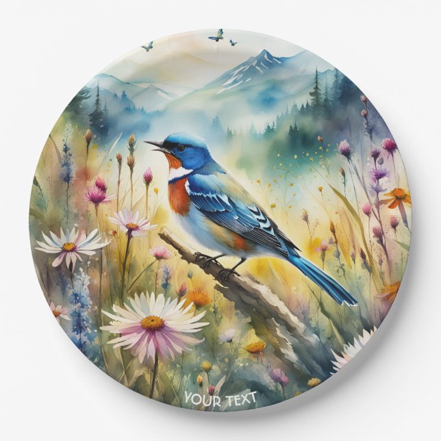 Assiettes En Carton Imaginaire Joli Oiseau Vivid Aquarelle Paysage (Devant)