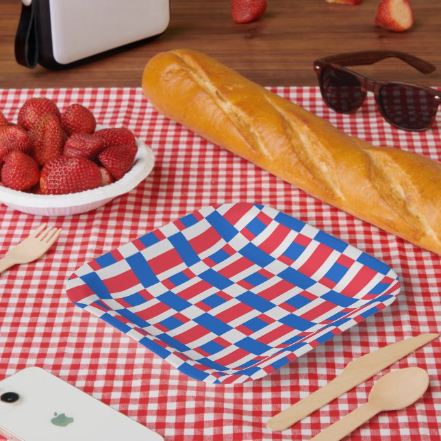 Assiettes En Carton Impression Blocée Rouge Blanc Et Bleu (Pique-nique)