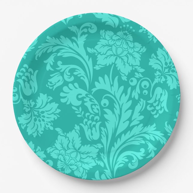 Assiettes En Carton Impression damasée turquoise (Devant)