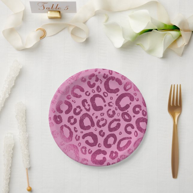 Assiettes En Carton Imprimé léopard glamour rose foncé et rose clair p (Mariage)