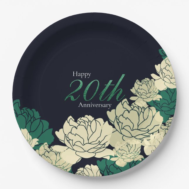 Assiettes En Carton Imprimerie rose du 20e anniversaire du vert d'émer (Devant)