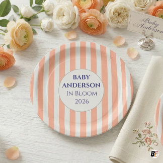 Assiettes En Carton In Bloom Coral Stripe Baby Shower Personalized