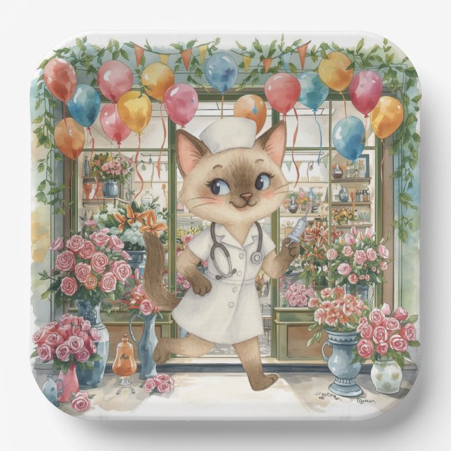 Assiettes En Carton Infirmière Chat fête d'anniversaire avec fleurs et (Recto)