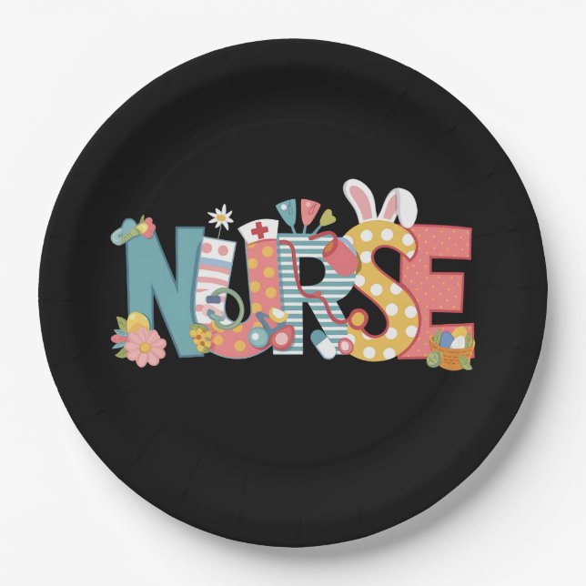 Assiettes En Carton Infirmière de Pâques Stéthoscope Lapin Œufs (Devant)